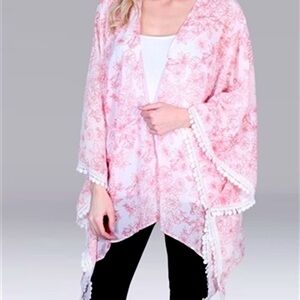 RED LOLLY KIMONO OS Bohemian Resort Daily Fringe Tassels Flowy Pink Floral